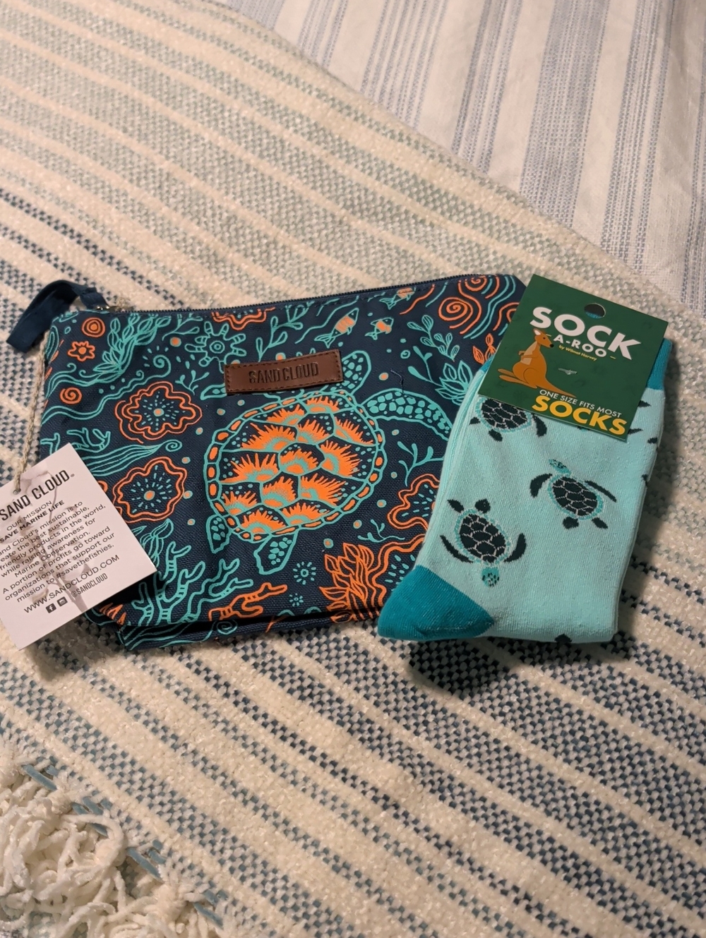 Sea Turtle Zippered Pouch in Teal & Orange with Turtle Socks
